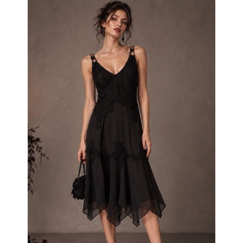 Womens Crochet Lace Midi Dress 16 Black Whimsigoth Dark Romance Hankerchief Hem